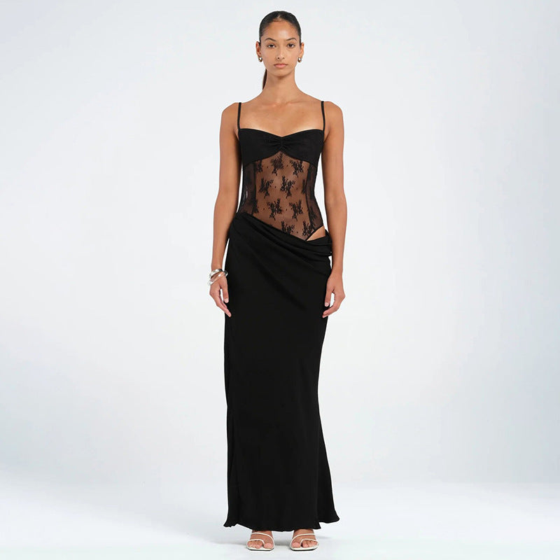Lace Strap Fishtail Dress – Pendant & Mesh Stitching