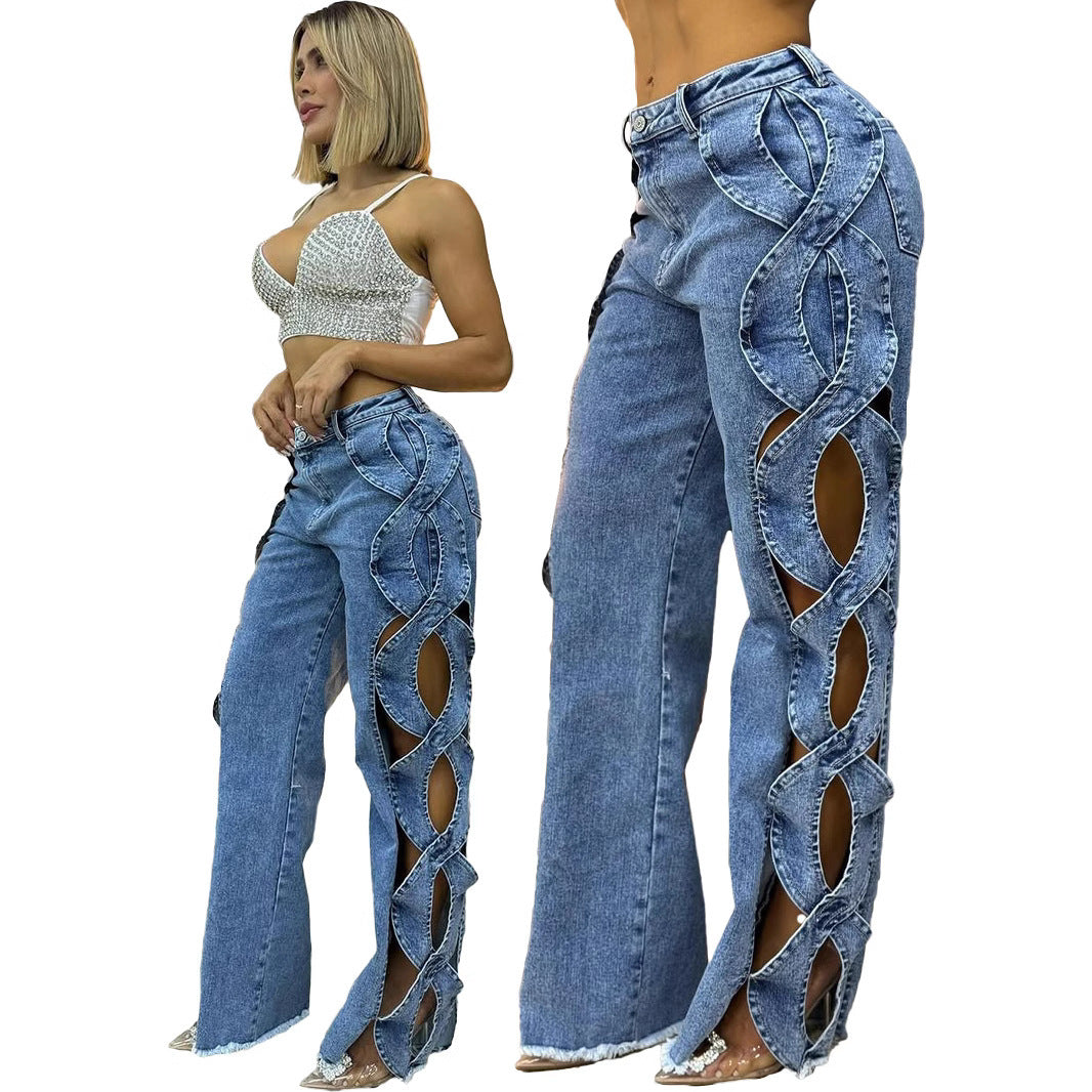 Women’s Hollow Ripped Straight-Leg Pants – Casual Street Style