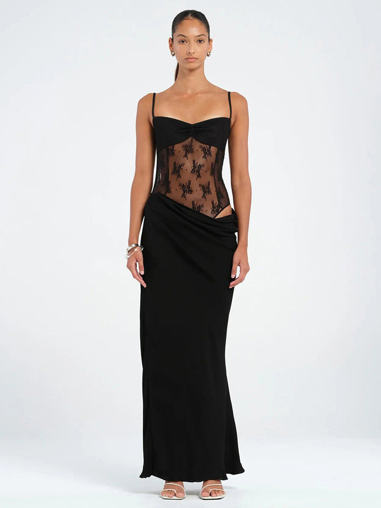Lace Strap Fishtail Dress – Pendant & Mesh Stitching