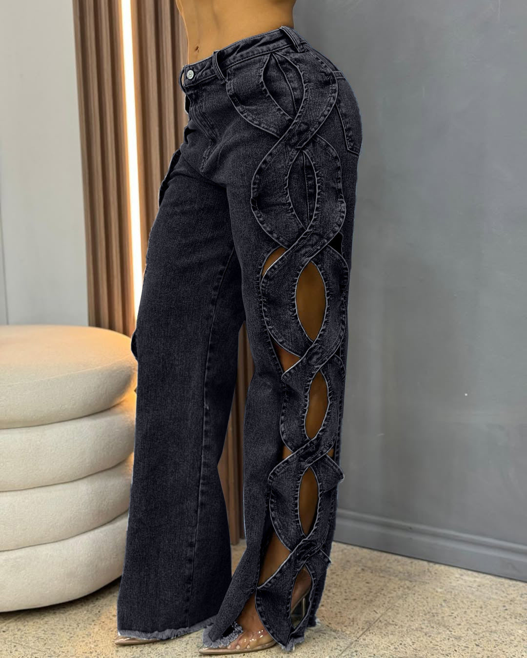 Women’s Hollow Ripped Straight-Leg Pants – Casual Street Style