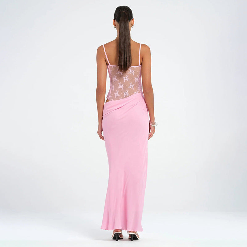 Lace Strap Fishtail Dress – Pendant & Mesh Stitching