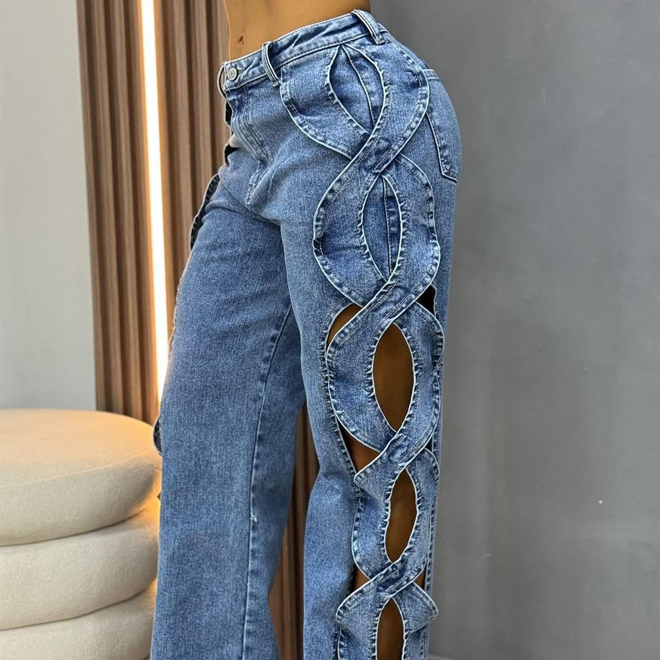 Women’s Hollow Ripped Straight-Leg Pants – Casual Street Style