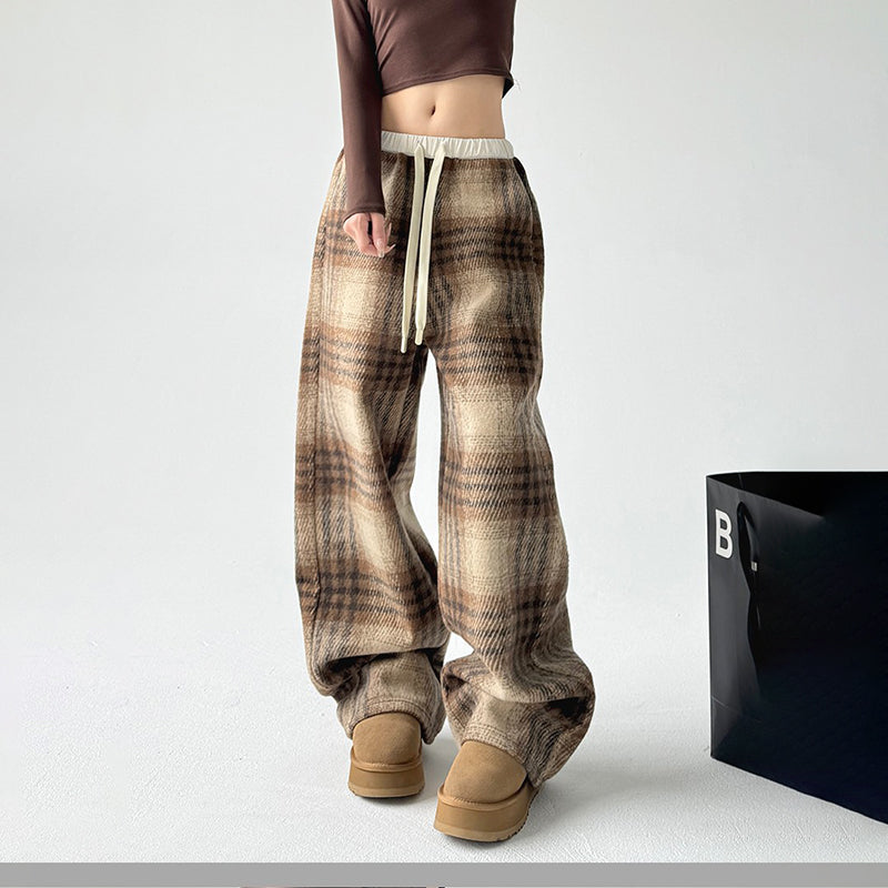 Women's High-Waisted Plaid Wide Leg Pants, Check Pattern Trousers With Drawstring Waist And Pockets