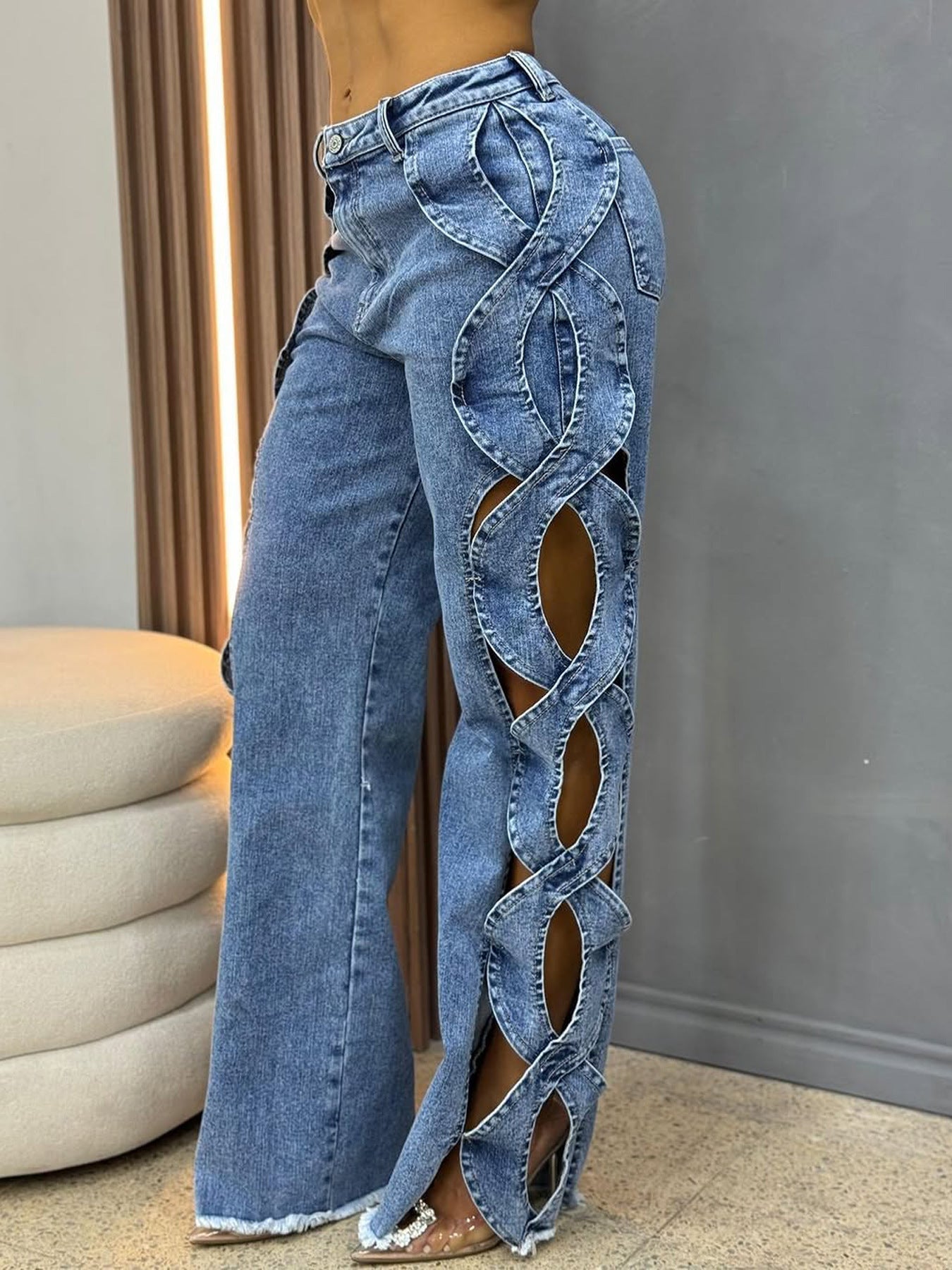 Women’s Hollow Ripped Straight-Leg Pants – Casual Street Style