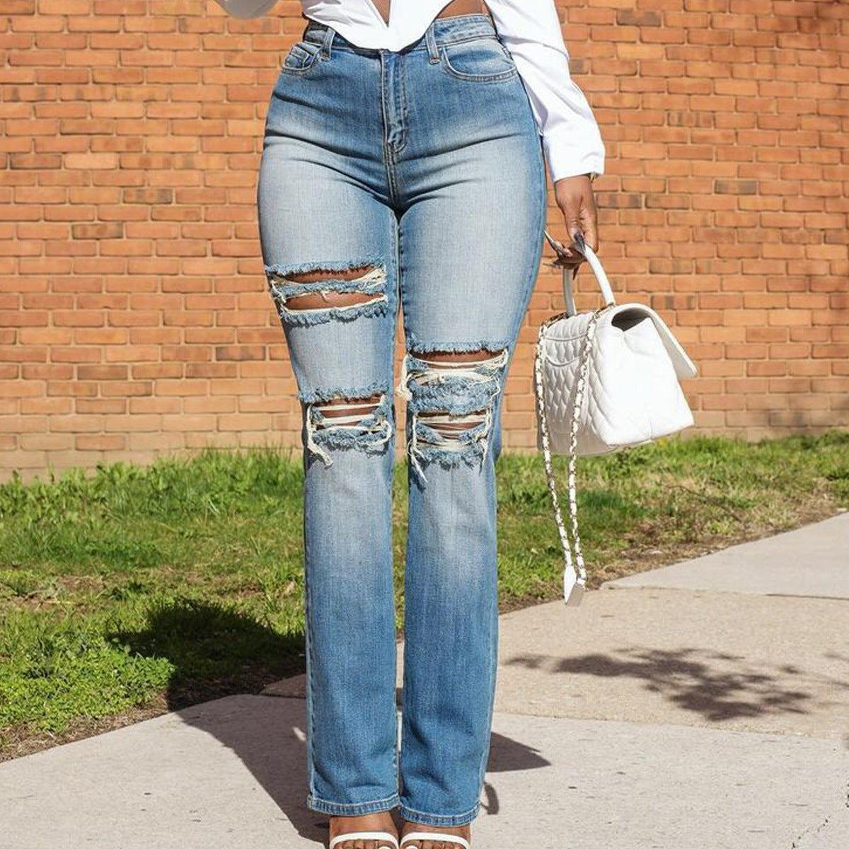 Light Blue High-Stretch Street Jeans – Distressed Handcrafted Style