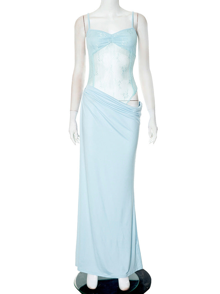 Lace Strap Fishtail Dress – Pendant & Mesh Stitching