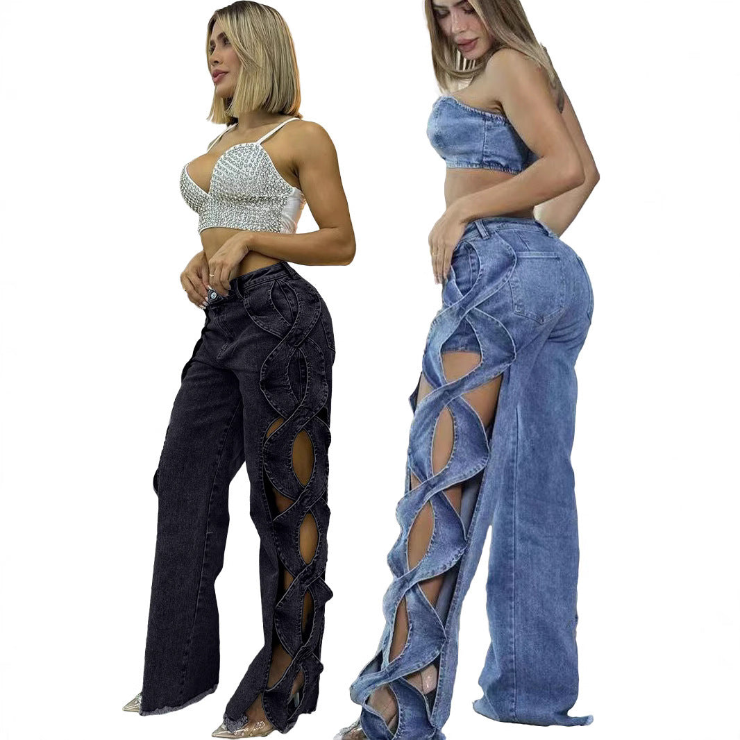 Women’s Hollow Ripped Straight-Leg Pants – Casual Street Style