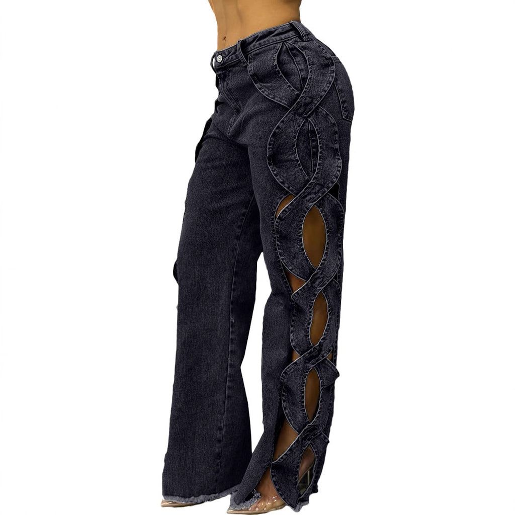 Women’s Hollow Ripped Straight-Leg Pants – Casual Street Style