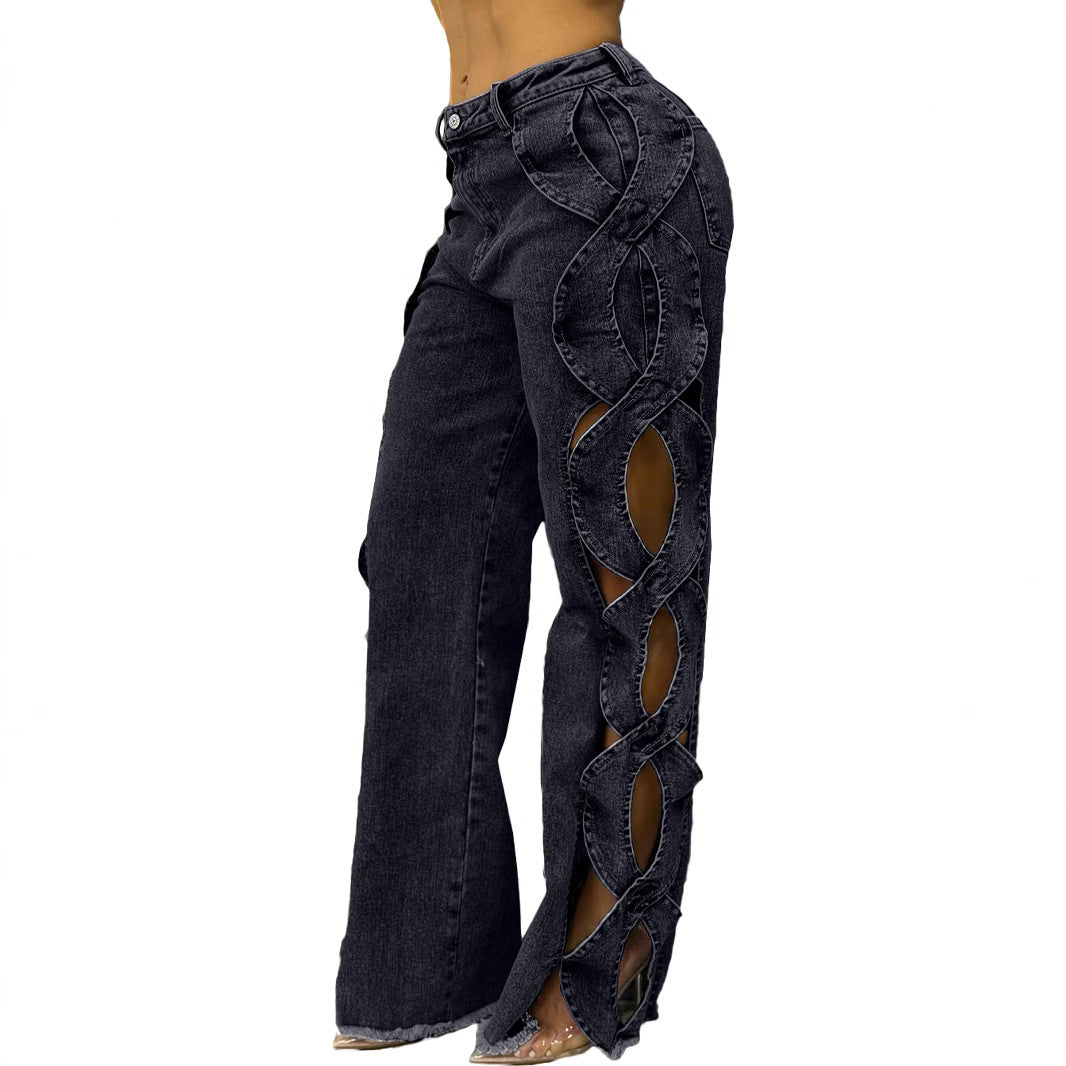 Women’s Hollow Ripped Straight-Leg Pants – Casual Street Style
