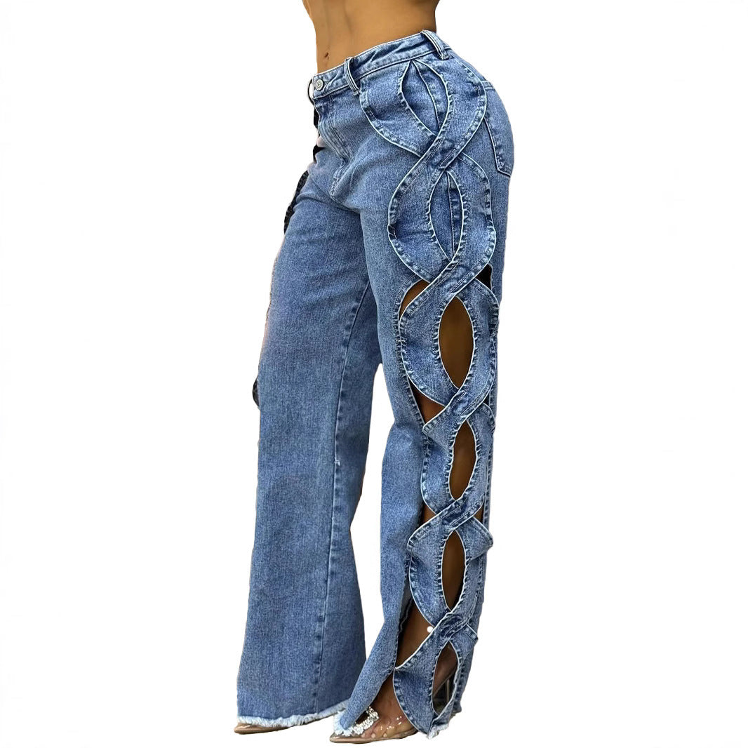 Women’s Hollow Ripped Straight-Leg Pants – Casual Street Style