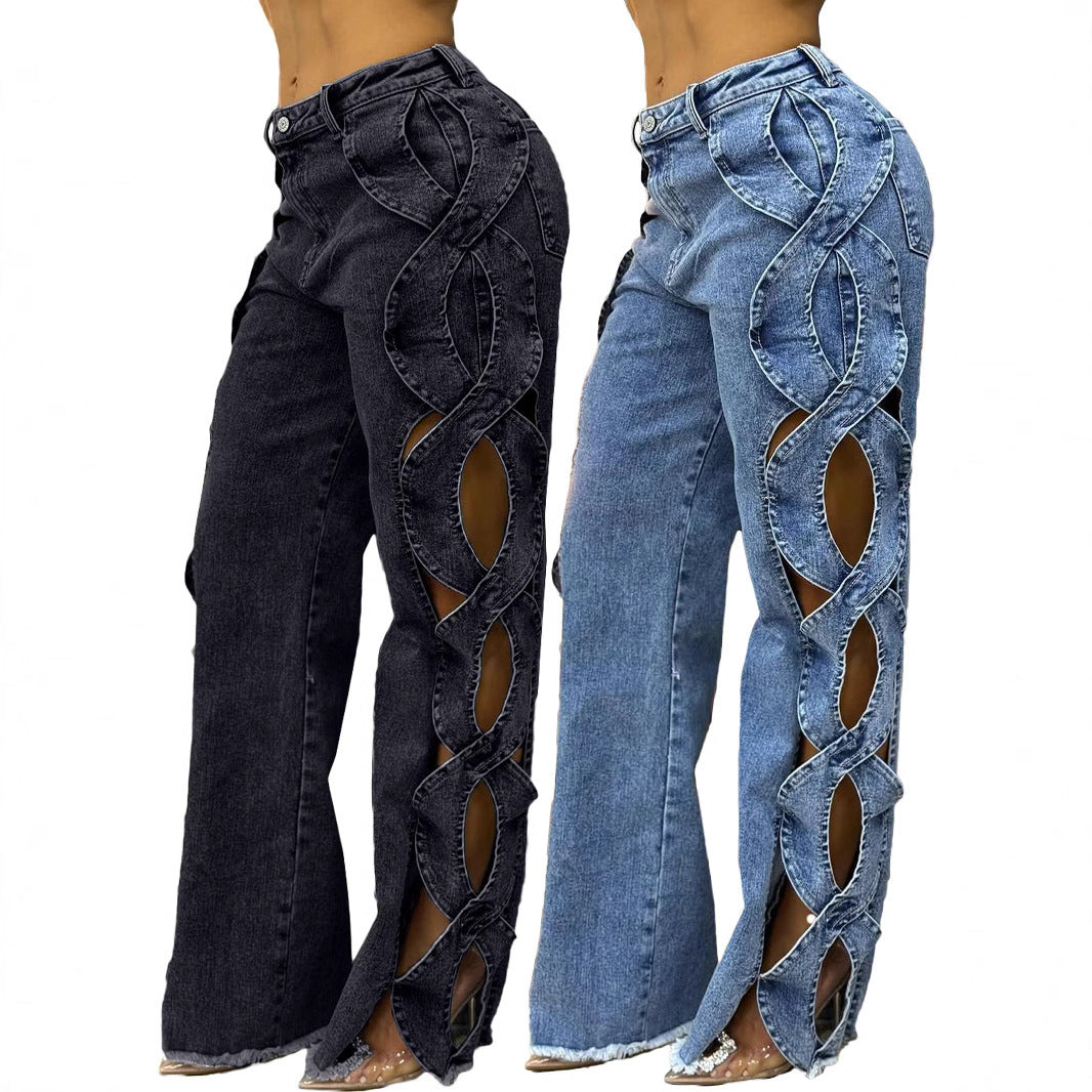 Women’s Hollow Ripped Straight-Leg Pants – Casual Street Style